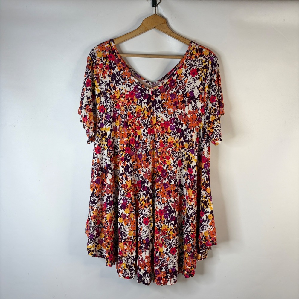 Roaman's Tunic Top Women 1X Multi-Color Floral V-Neck Short Sleeve Flared Hem